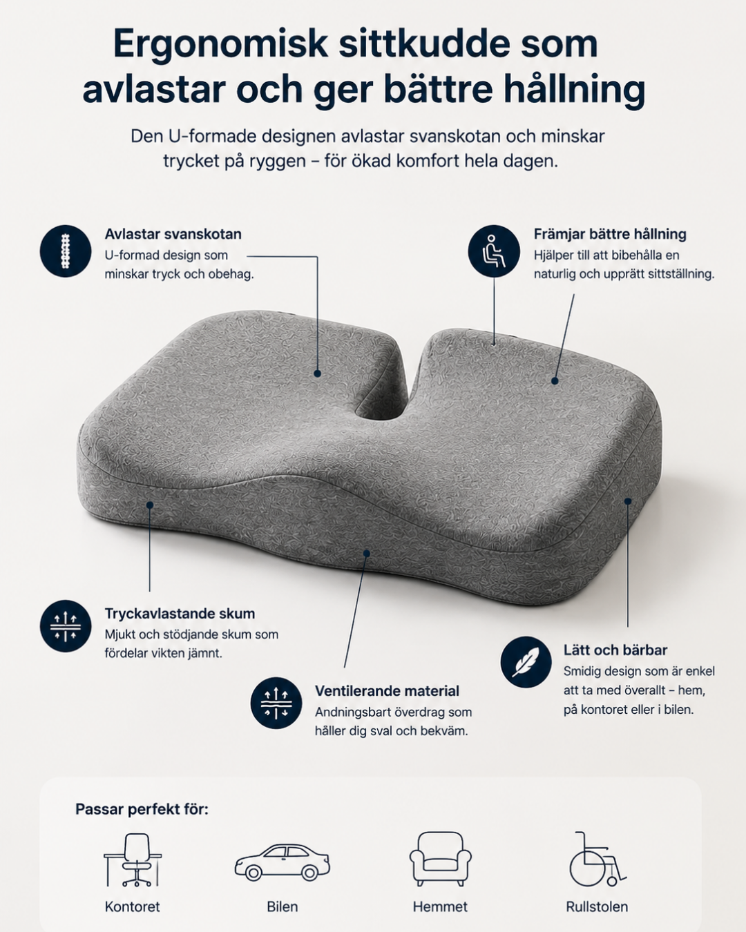 Ergonomisk Sittkudde med Memory Foam för Ryggstöd